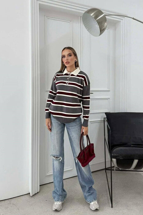 POLO NECK BUTTONS STRIPED WOMEN SWEATER GREY-BURGUNDY/GRVI - KLAUDIO FASHION