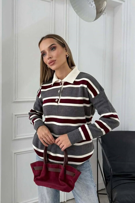 POLO NECK BUTTONS STRIPED WOMEN SWEATER GREY-BURGUNDY/GRVI - 3