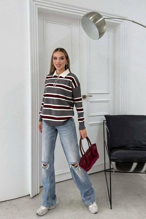 POLO NECK BUTTONS STRIPED WOMEN SWEATER GREY-BURGUNDY/GRVI - 4