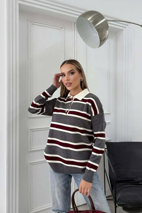 POLO NECK BUTTONS STRIPED WOMEN SWEATER GREY-BURGUNDY/GRVI - 5
