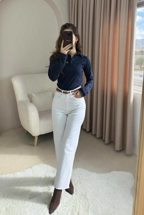POLO NECK BUTTONS WOMEN SWEATSHIRT DARK BLUE/BEE 