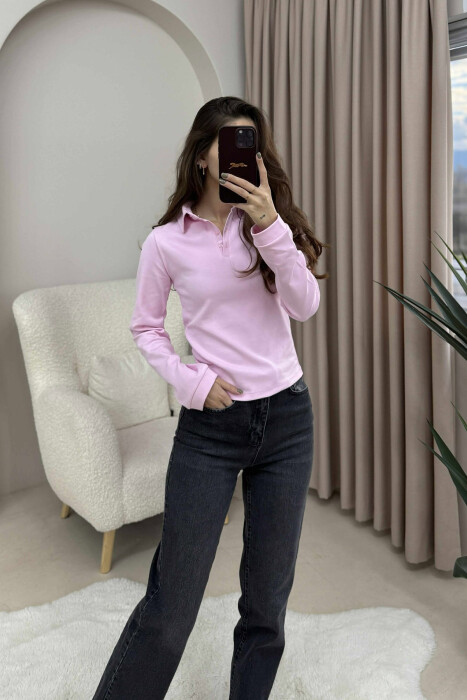 POLO NECK BUTTONS WOMEN SWEATSHIRT PINK/ROZE - 2