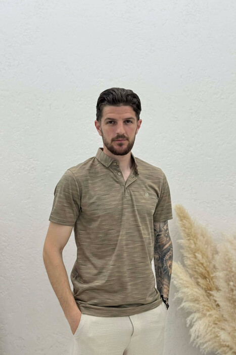 POLO NECK DESIGNED MEN T-SHIRT LIGHT BROWN/KAZB 