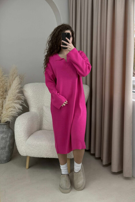 POLO NECK ONE COLOR KNITTED WOMEN DRESS FUCHSIA/CIKLAMI - 1