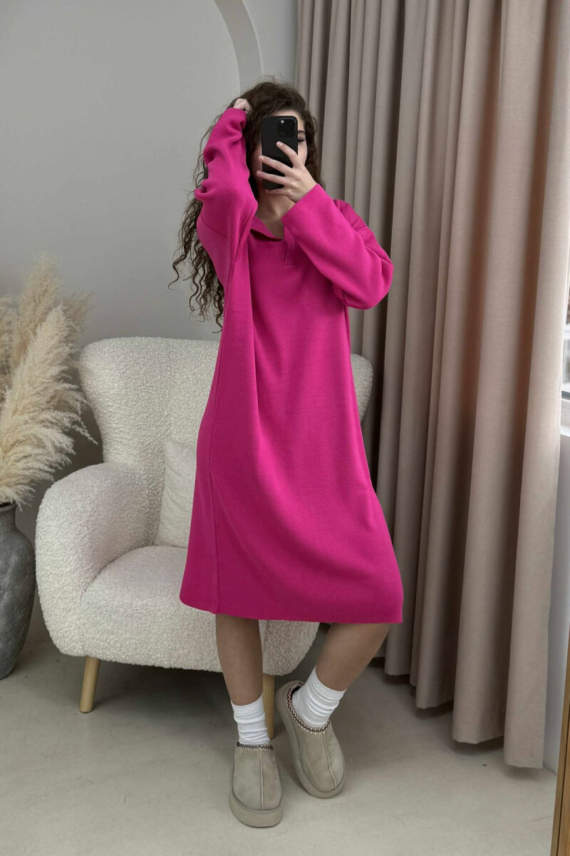 POLO NECK ONE COLOR KNITTED WOMEN DRESS FUCHSIA/CIKLAMI - 2