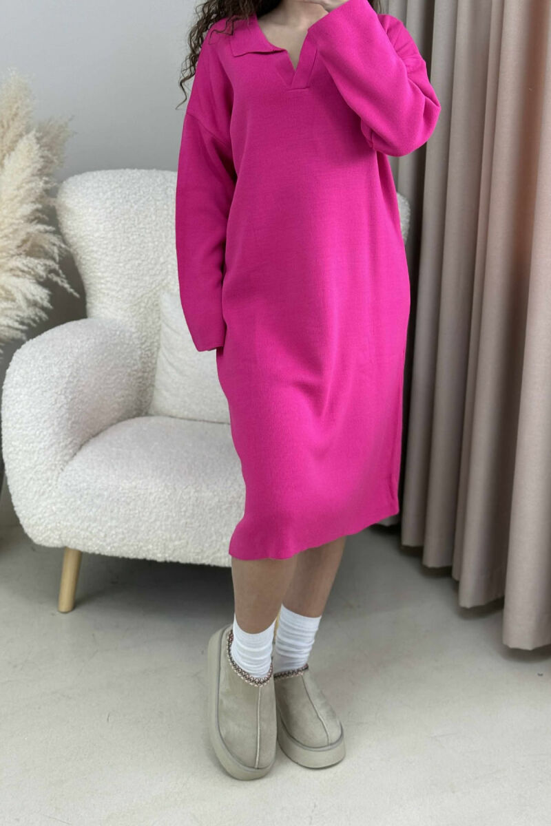 POLO NECK ONE COLOR KNITTED WOMEN DRESS FUCHSIA/CIKLAMI - 3