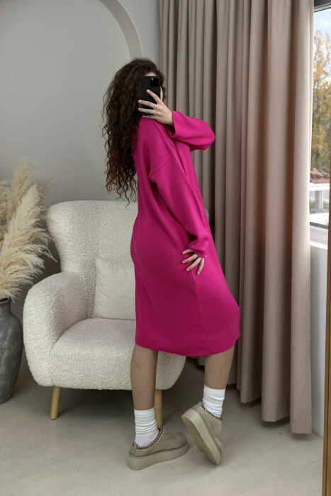 POLO NECK ONE COLOR KNITTED WOMEN DRESS FUCHSIA/CIKLAMI - 4