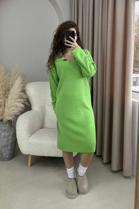 POLO NECK ONE COLOR KNITTED WOMEN DRESS LIGHT GREEN/JEZB 