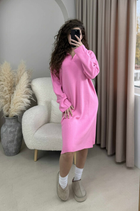 POLO NECK ONE COLOR KNITTED WOMEN DRESS PINK/ROZE - 1