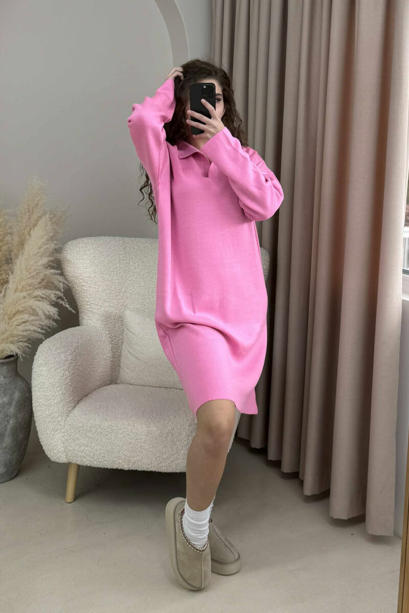 POLO NECK ONE COLOR KNITTED WOMEN DRESS PINK/ROZE - 2