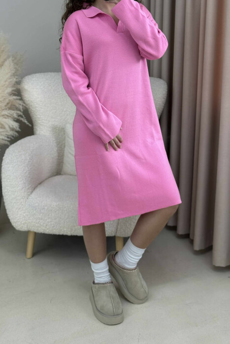 POLO NECK ONE COLOR KNITTED WOMEN DRESS PINK/ROZE - 4