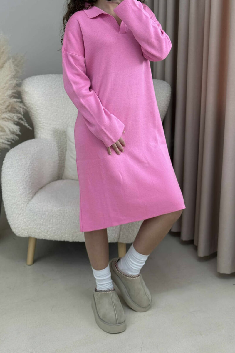 POLO NECK ONE COLOR KNITTED WOMEN DRESS PINK/ROZE - 4