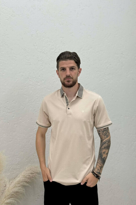 POLO NECK ONE COLOR MEN T-SHIRT BEIGE/BEZHE - KLAUDIO FASHION