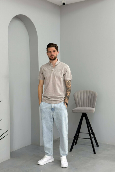 POLO NECK ONE COLOR MEN T-SHIRT BEIGE/BEZHE - 5