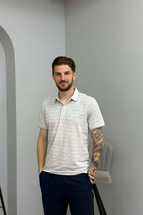 POLO NECK ONE COLOR MEN T-SHIRT GREY/GRI - KLAUDIO FASHION