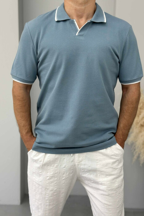 POLO NECK ONE COLOR MEN T-SHIRT LIGHTBLUE/BZ - 1