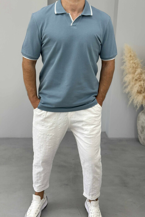 POLO NECK ONE COLOR MEN T-SHIRT LIGHTBLUE/BZ - 2