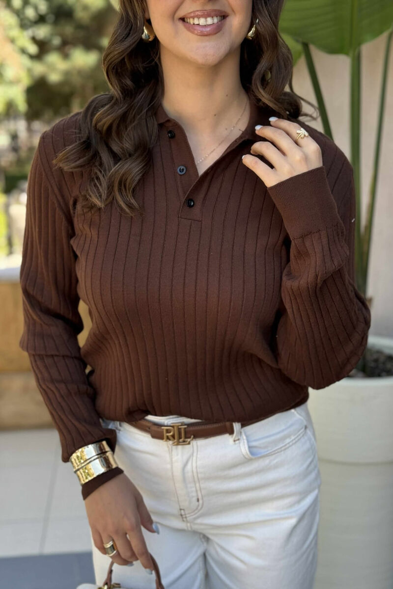 POLO NECK ONE COLOR SIMPLE WOMEN SWEATER BROWN/KAFE - 3
