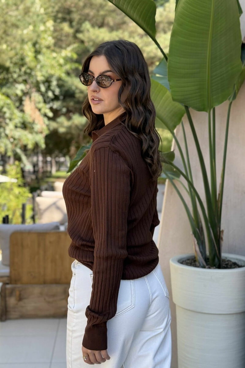 POLO NECK ONE COLOR SIMPLE WOMEN SWEATER BROWN/KAFE - 4