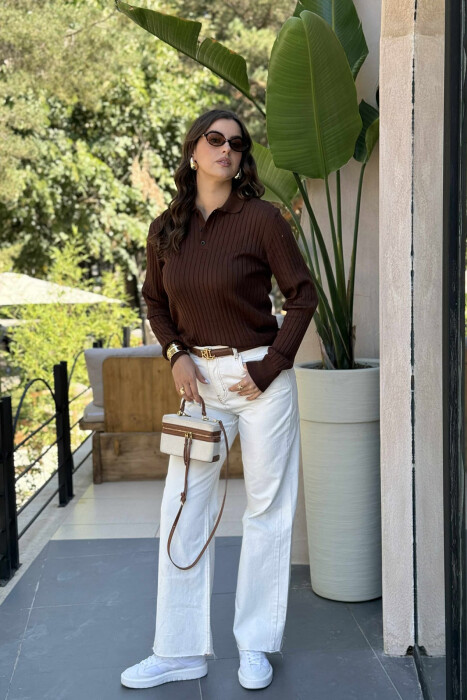 POLO NECK ONE COLOR SIMPLE WOMEN SWEATER BROWN/KAFE - 5