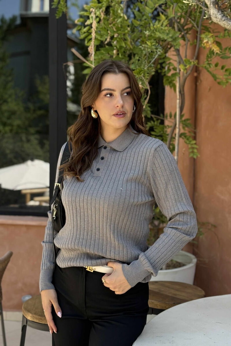 POLO NECK ONE COLOR SIMPLE WOMEN SWEATER GREY/GRI - 3