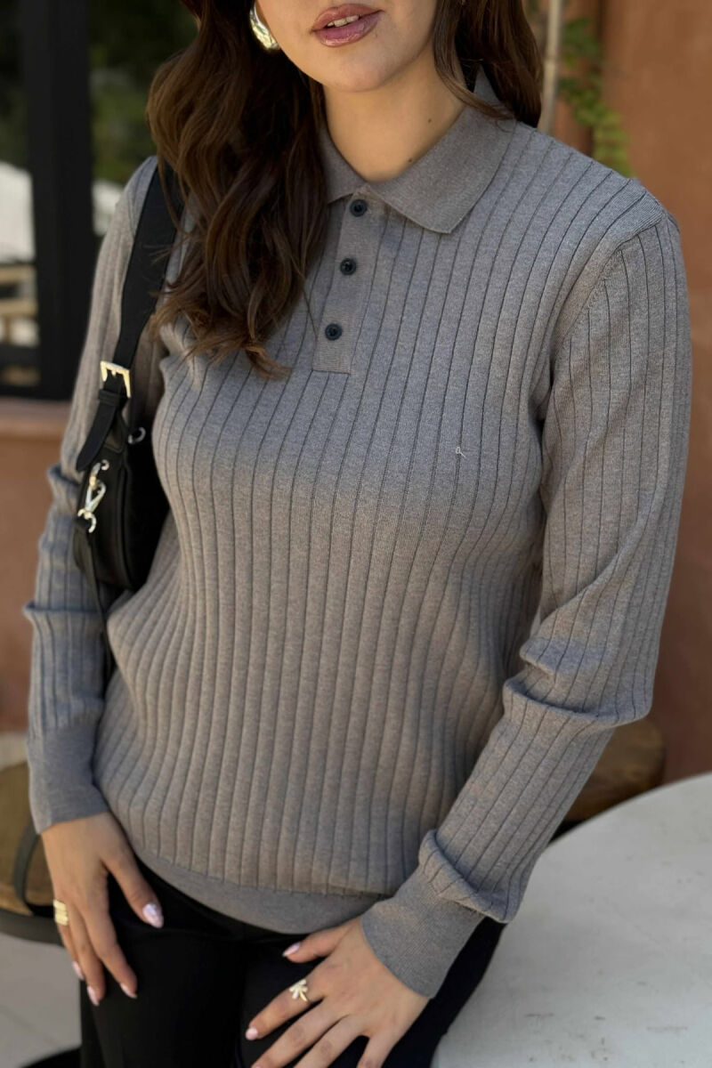 POLO NECK ONE COLOR SIMPLE WOMEN SWEATER GREY/GRI - 4