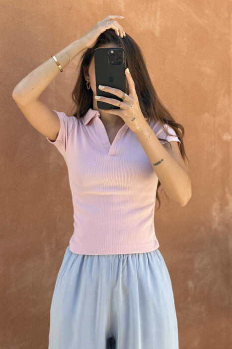POLO NECK ONE COLOR SIMPLE WOMEN T-SHIRT BABY PINK/ROZB 