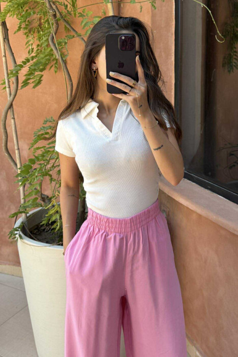 POLO NECK ONE COLOR SIMPLE WOMEN T-SHIRT WHITE-E BARDHE 