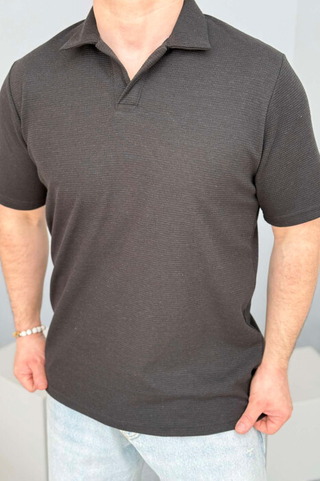 POLO NECK ONE COLOR TEXTURED MEN T-SHIRT BLACK/ E ZEZE - 2