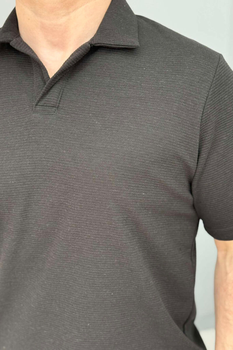 POLO NECK ONE COLOR TEXTURED MEN T-SHIRT BLACK/ E ZEZE - 3