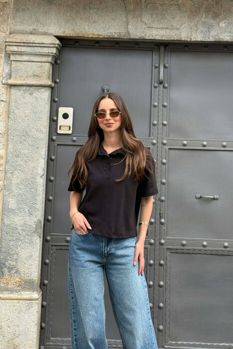 POLO NECK ONE COLOR WOMAN T-SHIRT BLACK/ E ZEZE - KLAUDIO FASHION