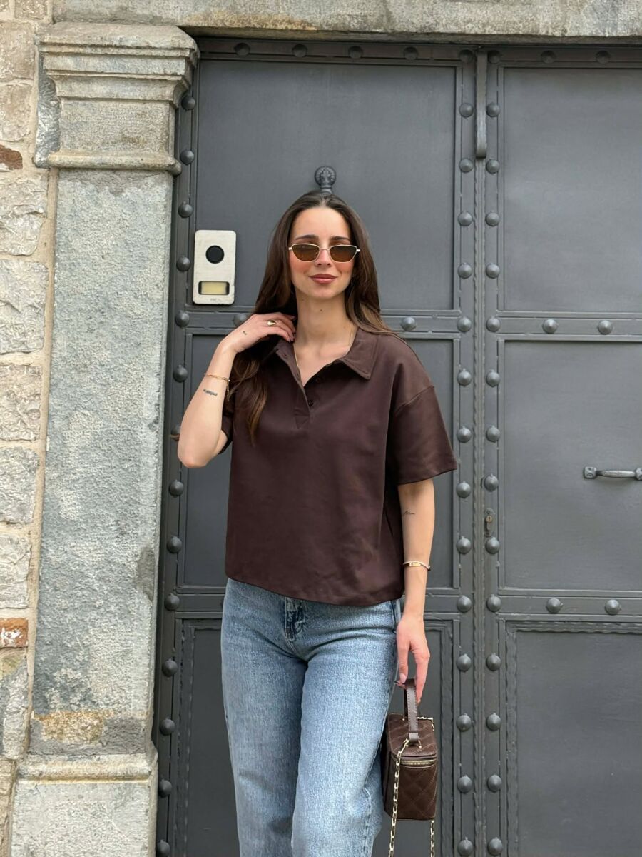 POLO NECK ONE COLOR WOMAN T-SHIRT BROWN/KAFE - 1