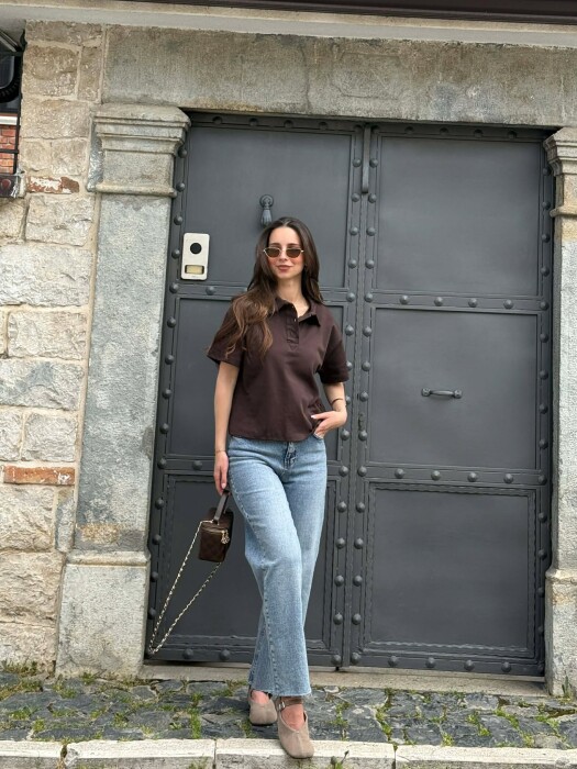 POLO NECK ONE COLOR WOMAN T-SHIRT BROWN/KAFE - 4