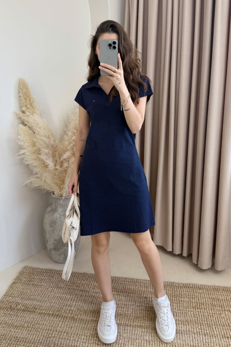 POLO NECK ONE COLOR WOMEN DRESS DARK BLUE/BEE - 2