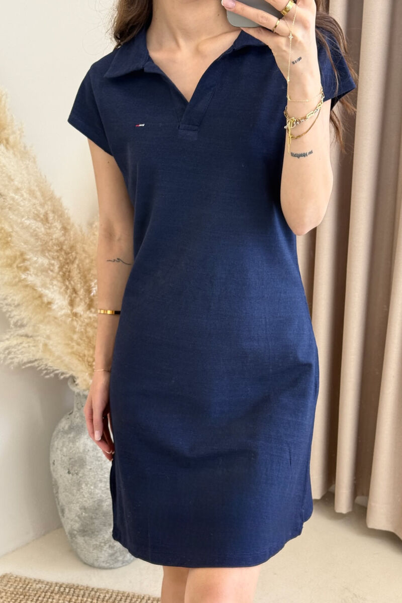 POLO NECK ONE COLOR WOMEN DRESS DARK BLUE/BEE - 3