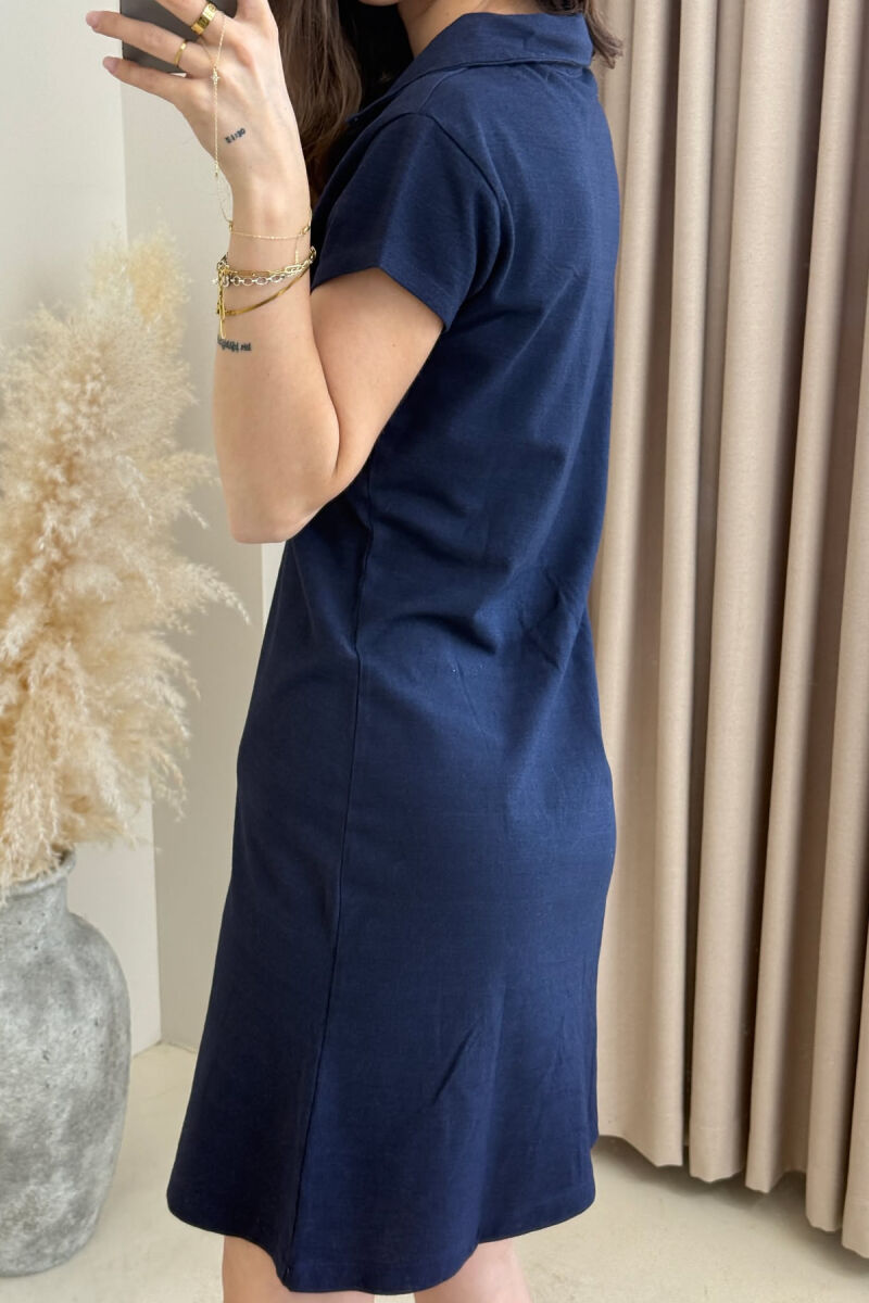 POLO NECK ONE COLOR WOMEN DRESS DARK BLUE/BEE - 4