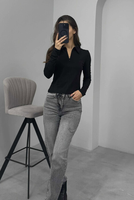POLO NECK ONE COLOR WOMEN SWEATSHIRT BLACK/ E ZEZE - 2