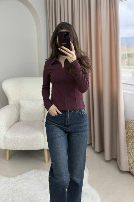 POLO NECK ONE COLOR WOMEN SWEATSHIRT BURGUNDY/VISHNJE - 1