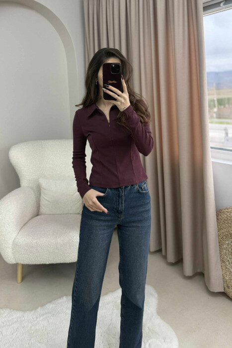 POLO NECK ONE COLOR WOMEN SWEATSHIRT BURGUNDY/VISHNJE - 2