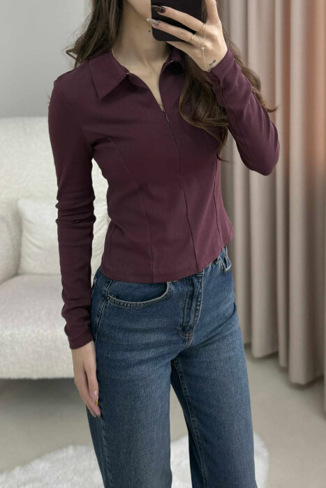 POLO NECK ONE COLOR WOMEN SWEATSHIRT BURGUNDY/VISHNJE - 3