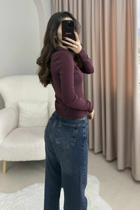 POLO NECK ONE COLOR WOMEN SWEATSHIRT BURGUNDY/VISHNJE - 4