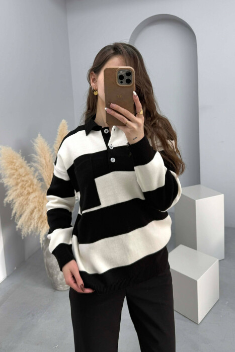 POLO NECK POCKET DETAIL STRIPED WOMEN SWEATER BLACK/ E ZEZE - 1