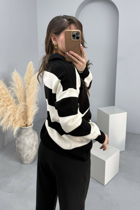 POLO NECK POCKET DETAIL STRIPED WOMEN SWEATER BLACK/ E ZEZE - 2