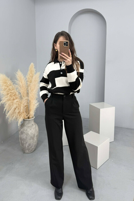 POLO NECK POCKET DETAIL STRIPED WOMEN SWEATER BLACK/ E ZEZE - 3