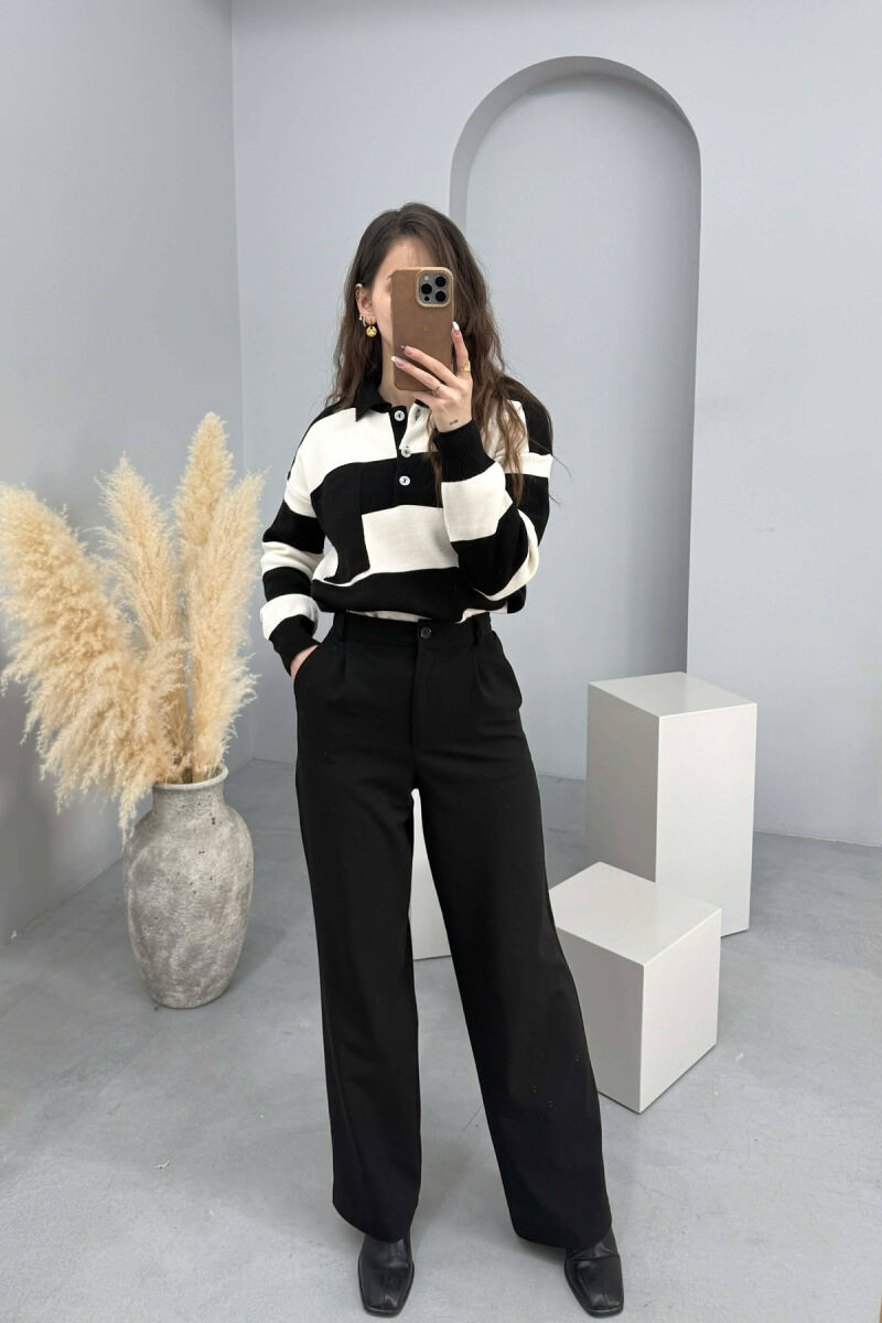 POLO NECK POCKET DETAIL STRIPED WOMEN SWEATER BLACK/ E ZEZE - 3