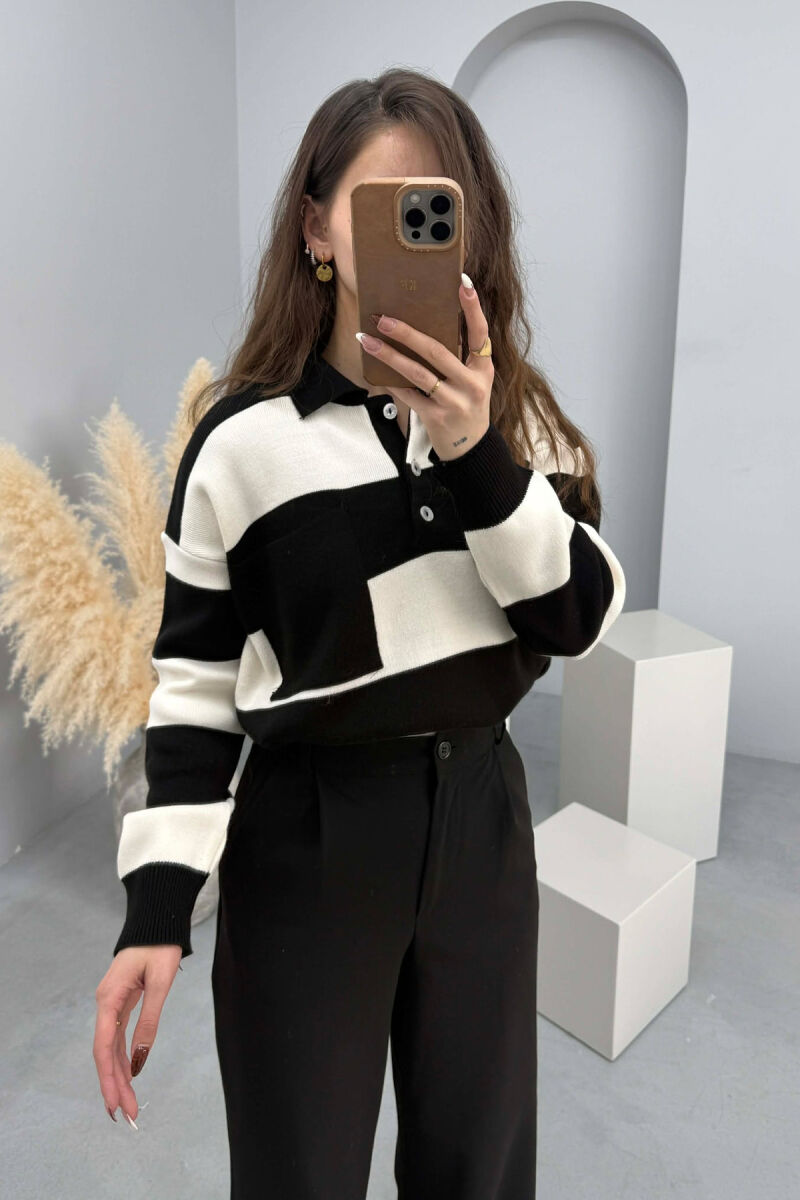 POLO NECK POCKET DETAIL STRIPED WOMEN SWEATER BLACK/ E ZEZE - 4