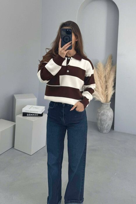 POLO NECK POCKET DETAIL STRIPED WOMEN SWEATER BROWN/KAFE 