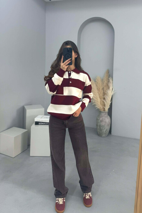 POLO NECK POCKET DETAIL STRIPED WOMEN SWEATER BURGUNDY/VISHNJE - KLAUDIO FASHION