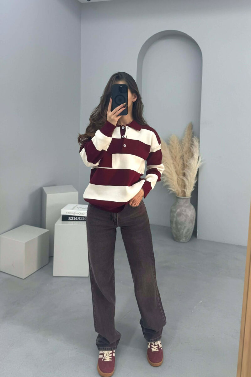 POLO NECK POCKET DETAIL STRIPED WOMEN SWEATER BURGUNDY/VISHNJE - 1