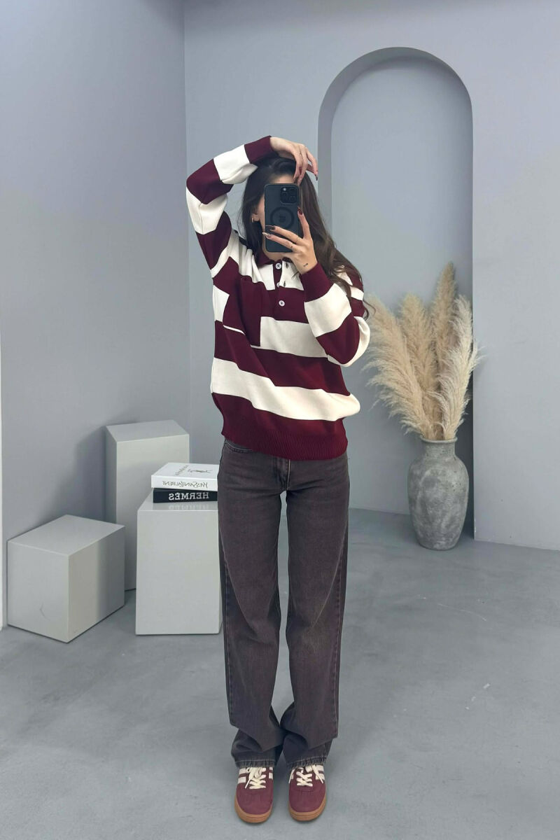 POLO NECK POCKET DETAIL STRIPED WOMEN SWEATER BURGUNDY/VISHNJE - 2